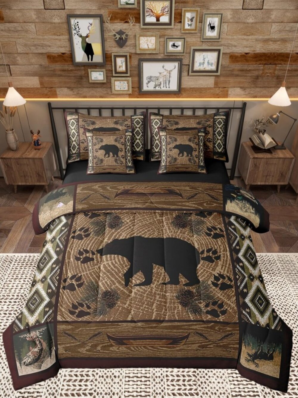 Rustic Bear Reversible Comforter Set 7 Piece Full Size,Wild Animal Hunting Lodge